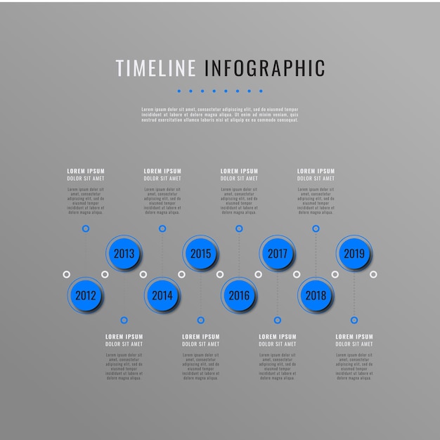 Horizontal Gray business infographic timeline template with deep blue round elements and textboxes