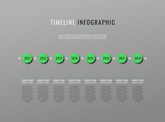 Modello di cronologia infografica aziendale grigio orizzontale con elementi verdi rotondi e caselle di testo