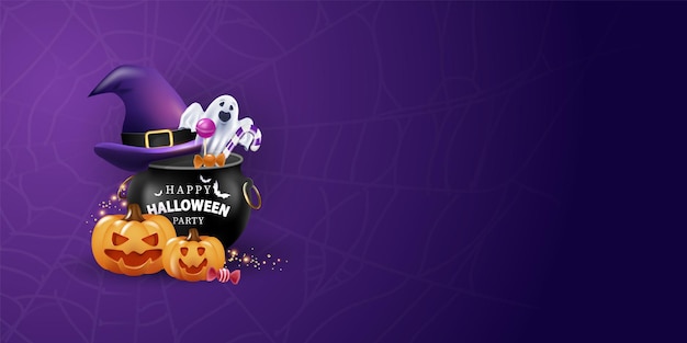 Horizontal happy halloween banner a group of 3d illustrations of a glowing pumpkin eyes on the background of a witch a ghost sweets for the holiday purple background