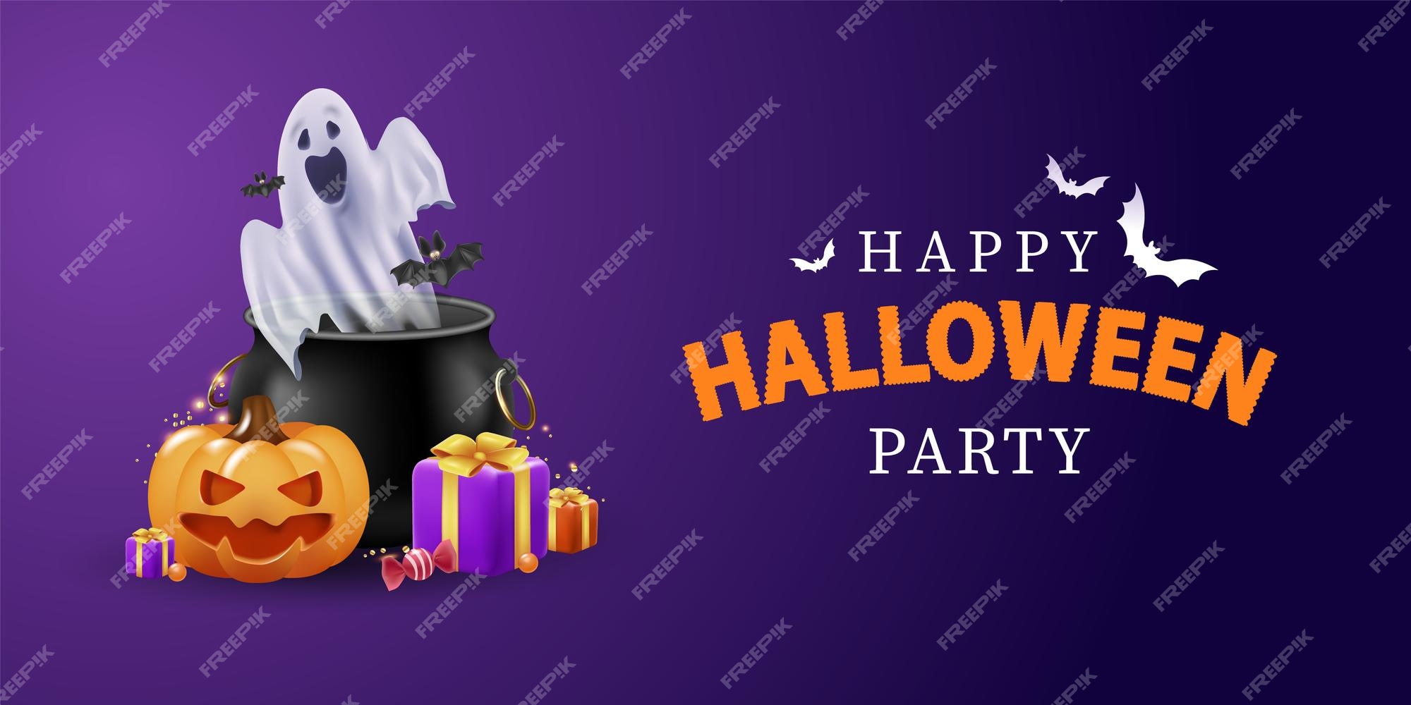 Premium Vector | Horizontal happy halloween banner a group of 3d  illustrations of a glowing pumpkin a ghost flying out of a witch's pot  gifts of sweets for the holiday purple background