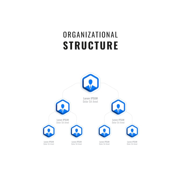 Шаблон горизонтальной иерархии с синими шестиугольными элементами на белом фоне