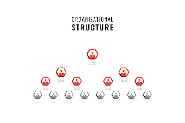 Horizontal hierarchy template with red hexagonal elements on a white background