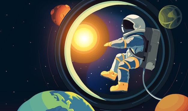 星や惑星を背景にして宇宙を探索する宇宙飛行士の水平イラスト