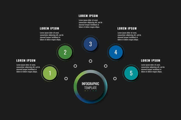 Horizontal infographic template with five round realistic elements on a black background