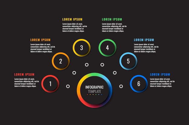 горизонтальный инфографический шаблон с шестью разноцветными круглыми элементами на черном фоне