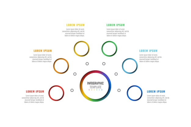 Горизонтальный инфографический шаблон с шестью круглыми многоцветными элементами на белом фоне