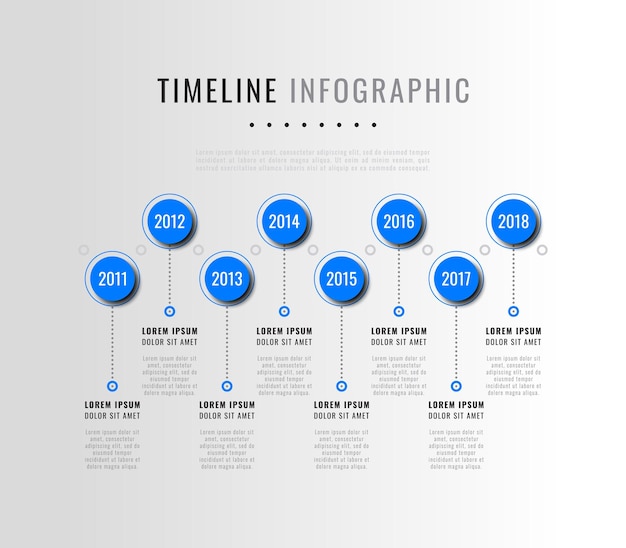 Horizontal infographic timeline template with eight blue round elements on a white background