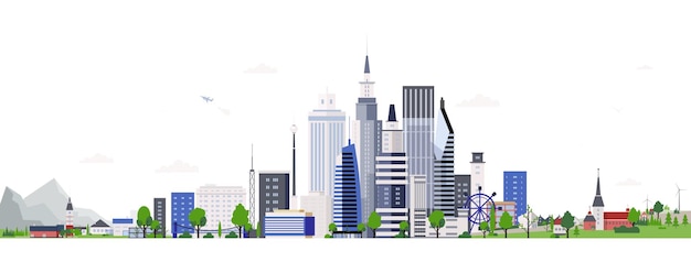 Horizontal landscape with modern tall buildings of downtown or business area. cityscape with skyscrapers. city development, construction and architecture. colorful vector illustration in flat style.