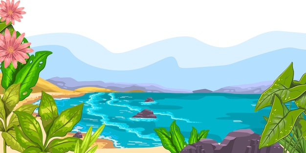 Вектор Горизонтальный пейзаж с океаном, пляжем, холмами, скалами, тропическими растениями, цветами и копией пространства