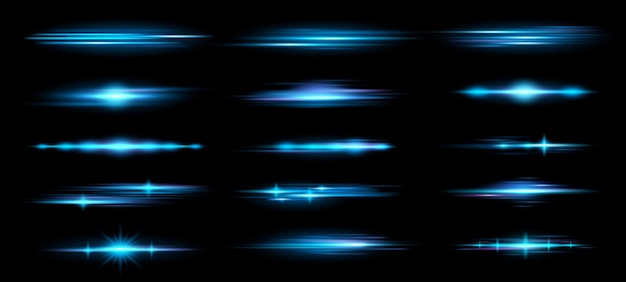 水平レンズ フレア 青い水平光線発光線グロー効果とアナモルフィック フレア オーバーレイ ベクトル セット