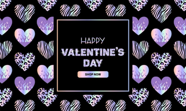 Horizontal luxury banner for Valentines Day Metallic holographic Y2k sticker Shining gradient heart on fire animalistic pattern Zebra leopard tiger foil in 2000s style Flame 90s 00s