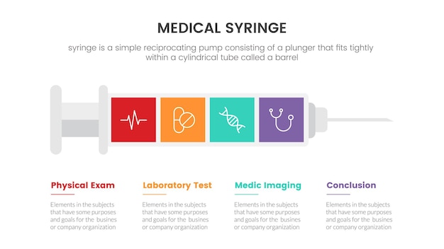 Horizontal medical syringe infographic concept for slide presentation with 3 point list comparison