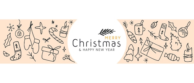 Horizontal merry christmas happy new year border ornament with hand drawn winter element banner