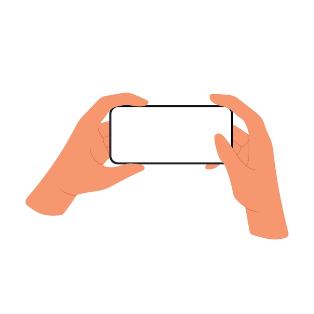 Horizontal mobile phone screen mockup in hand Thumb clicking Flat vector illustration isolated