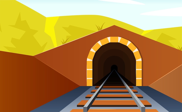 Vector horizontal mountain landscape with the entrance to the railway tunnel
