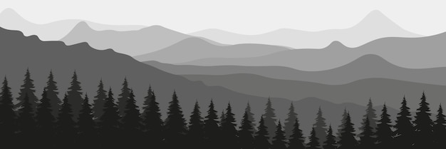Горизонтальный горный пейзаж с деревьями Панорамный вид на хребты и лес в векторной иллюстрации тумана