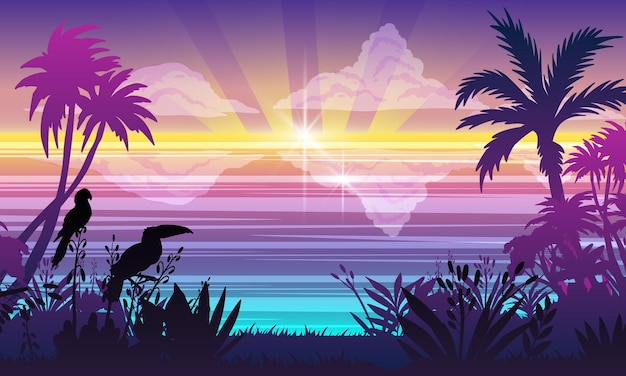 Vector horizontal ocean landscape summer tropical plants trees toucan parrot