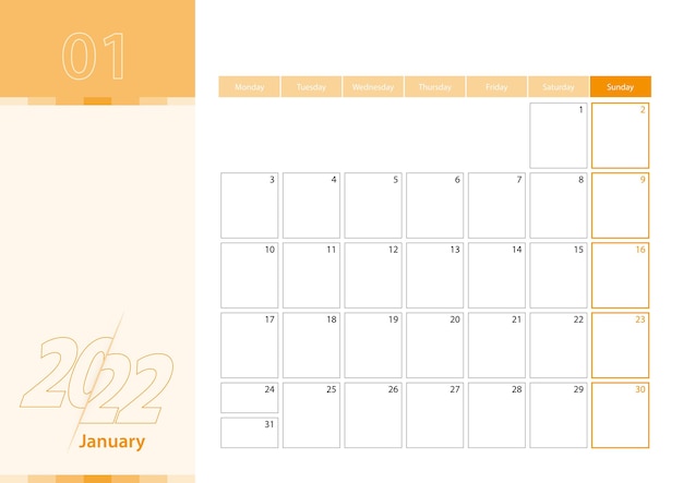 Planner orizzontale per gennaio 2022 nella combinazione di colori arancione. la settimana inizia lunedì. un calendario da parete in stile minimalista.