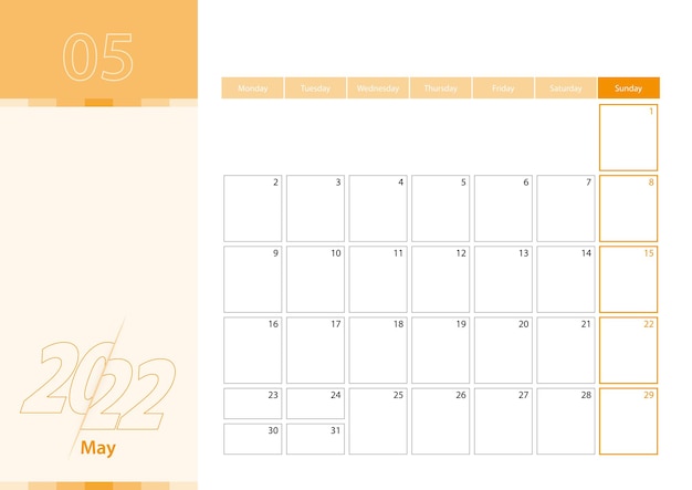 オレンジ色の配色の2022年5月の水平プランナー。週は月曜日に始まります。ミニマリストスタイルの壁掛けカレンダー。