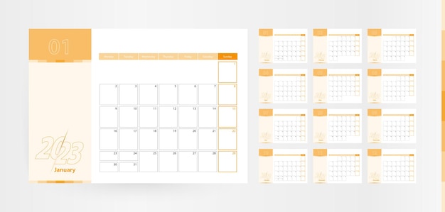 Horizontal planner for the year 2023 in the orange color scheme The week begins on Monday A wall calendar in a minimalist style