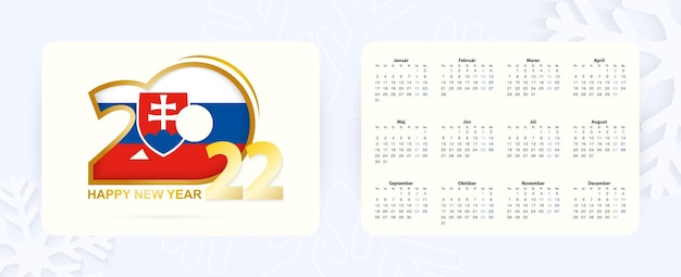 スロバキア語の水平ポケットカレンダー2022。スロバキアの旗と新年2022アイコン。