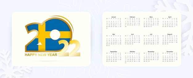 Горизонтальный карманный календарь на 2022 год на шведском языке. Новый год 2022 значок с флагом Швеции.