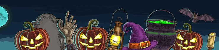 Vector horizontal poster for halloween bat   witch hat magic pot pumpkin scary face vector engraving