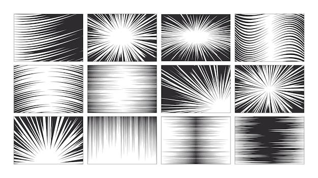 Horizontal radial and diagonal comics lines set of abstract comic book explosion backgrounds vector