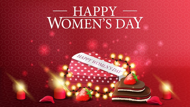 Horizontal red greeting postcard to the women's day