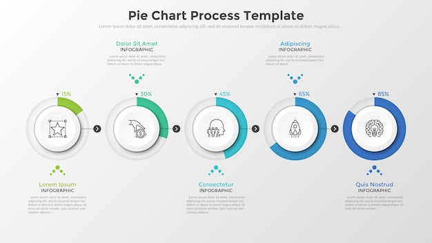Горизонтальный ряд из 5 круглых бумажных белых элементов с указанием процентов, соединенных стрелками. шаблон процесса круговой диаграммы. векторная иллюстрация для визуализации завершения бизнес-проекта.