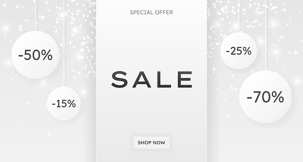 Horizontal sale banner Web banner with silver stripe on background with text glitter circles