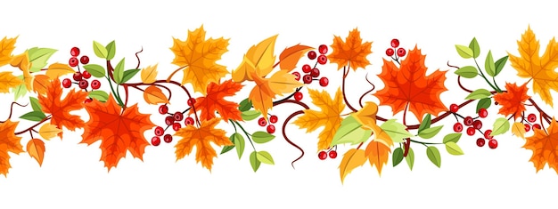 白い背景に色とりどりの秋の葉とローンベリーを描いた水平の無縫の背景