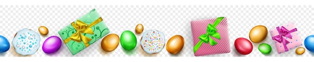 Banner orizzontale senza cuciture con torte di uova di pasqua colorate realistiche ripetute orizzontalmente e scatole regalo con ombre morbide su sfondo trasparente