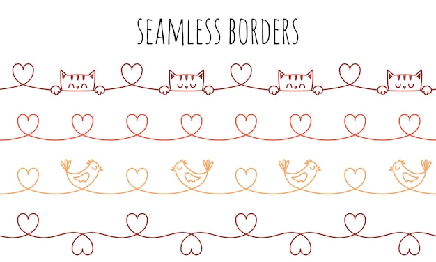 Horizontal seamless borders with linear cats birds and hearts A simple decorative element for frames A set of color vector border isolated on a white background