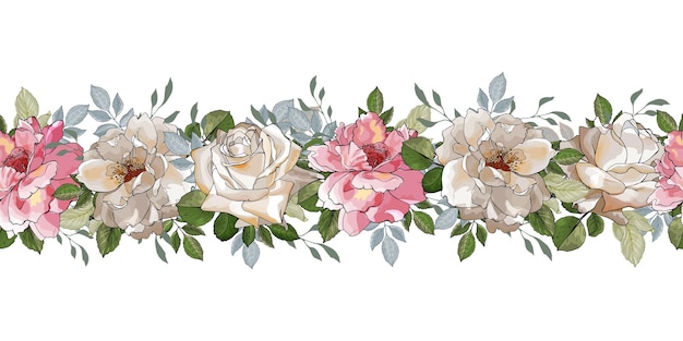 Горизонтальная бесшовная цветочная граница с бледно-розовыми и кремовыми розами, зелеными листьями