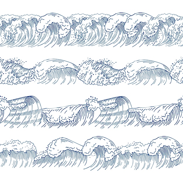 Vector horizontal seamless patterns with different ocean waves. hand drawn pictures set. ocean and sea wave pattern