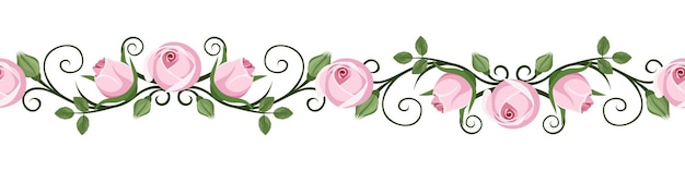 Horizontal seamless vintage calligraphic vignette with pink rose buds on a white background