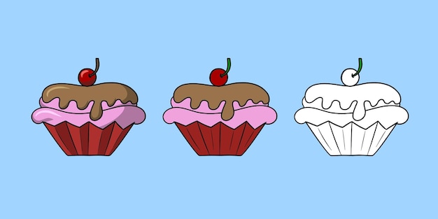 Horizontal set of pictures  cupcake with delicate chocolate cream and cherry berry vector cartoon