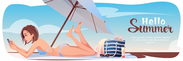 Banner estivo orizzontale con ragazza che prende il sole sulla spiaggia vacanze estive al mare spiaggia atmosfera vacanze sfondo tropicale per poster volantini pubblicitari