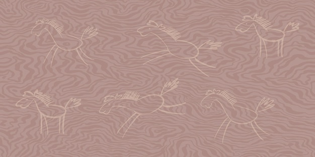 Horizontal textured background with silhouettes of horses in the style of doodles Vector pink backdrop with a texture of streaks and lines