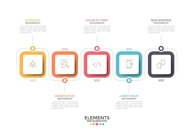 수평 타임 라인. 얇은 선 아이콘 내부 및 연도 표시와 함께 5 개의 여러 사각형. 회사의 연간 개발 또는 역사의 개념. 인포 그래픽 디자인 템플릿입니다.