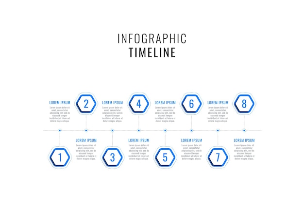 Modello di infografica timeline orizzontale con otto elementi esagonali blu su sfondo bianco