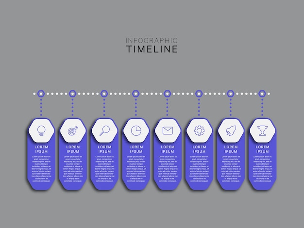 Modello di infografica timeline orizzontale con otto elementi esagonali viola su sfondo grigio