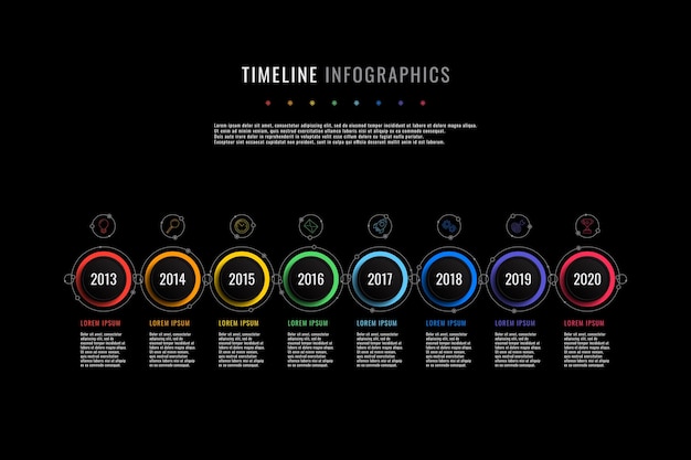 Вектор Инфографический шаблон горизонтальной шкалы времени с указанием года круглых элементов и текстовыми полями