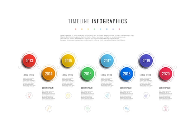 Инфографический шаблон горизонтальной шкалы времени с круглыми элементами годами индикаторами и текстовыми полями