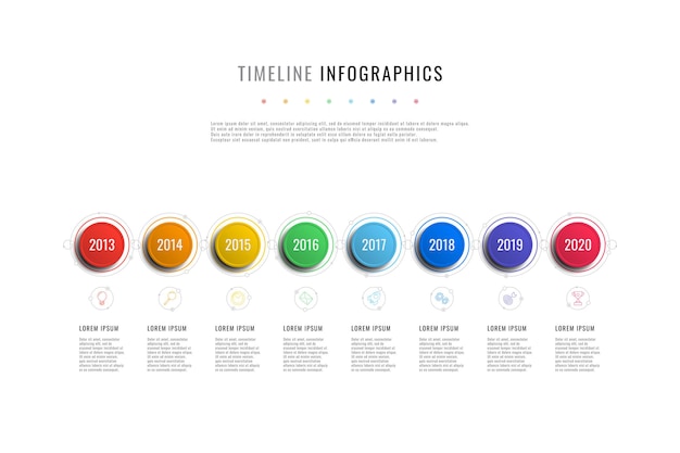 Modello di infografica timeline orizzontale con indicatori di anno di elementi rotondi e caselle di testo