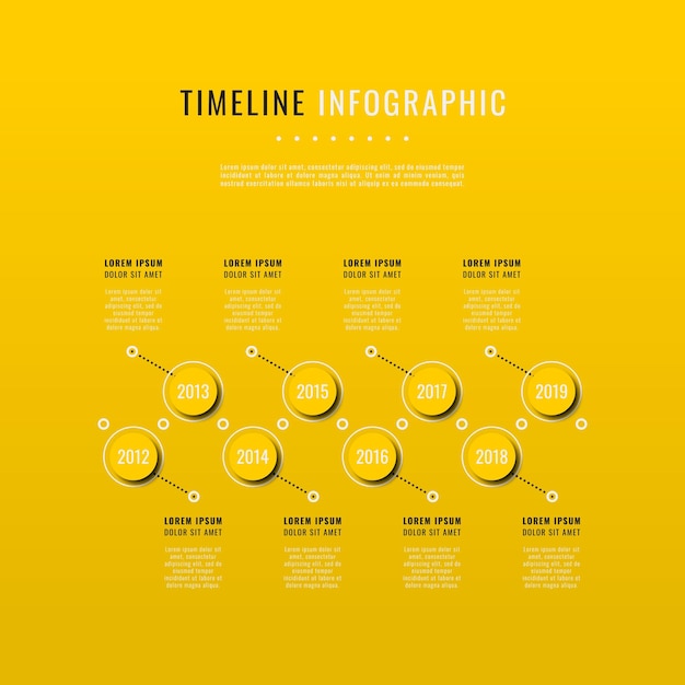 Horizontal timeline infographic template with yellow round elements on a yellow background