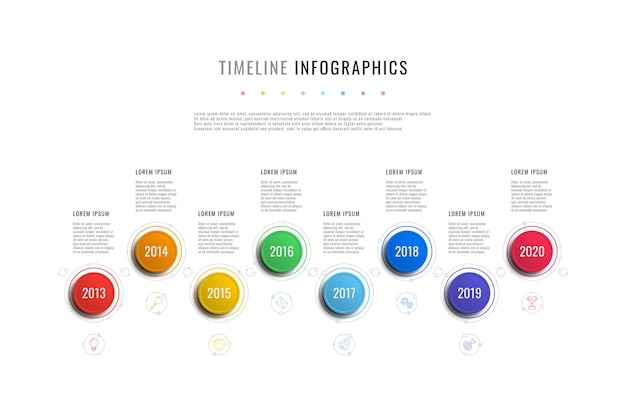 горизонтальная инфографика временной шкалы с круглыми элементами, индикаторами года и текстовыми полями на белом