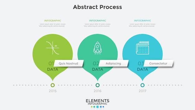 Horizontal timeline with 3 round pointer-like elements. concept of three milestones of company's development history. abstract infographic design template. modern vector illustration for presentation