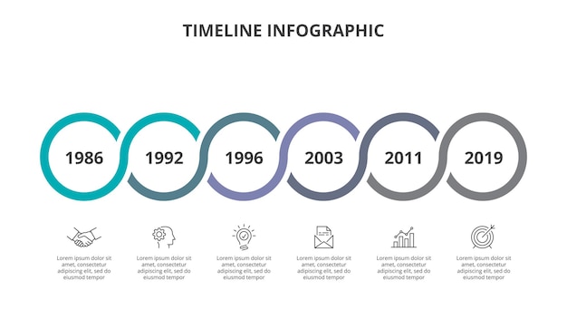 Vector horizontal timeline with 6 circle elements and year indication flat infographic design template